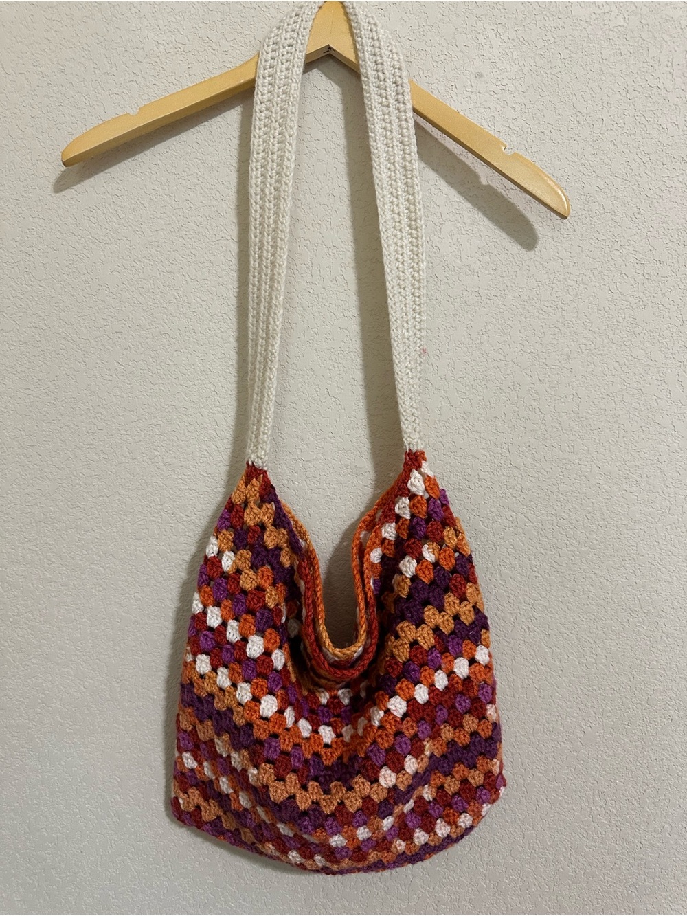 Handmade Crochet Shoulder Bag in Cream with Orange & Purple Accents